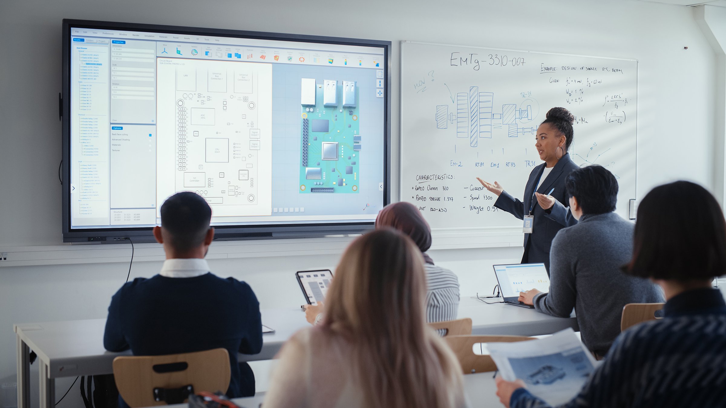 A classroom with a large display screen